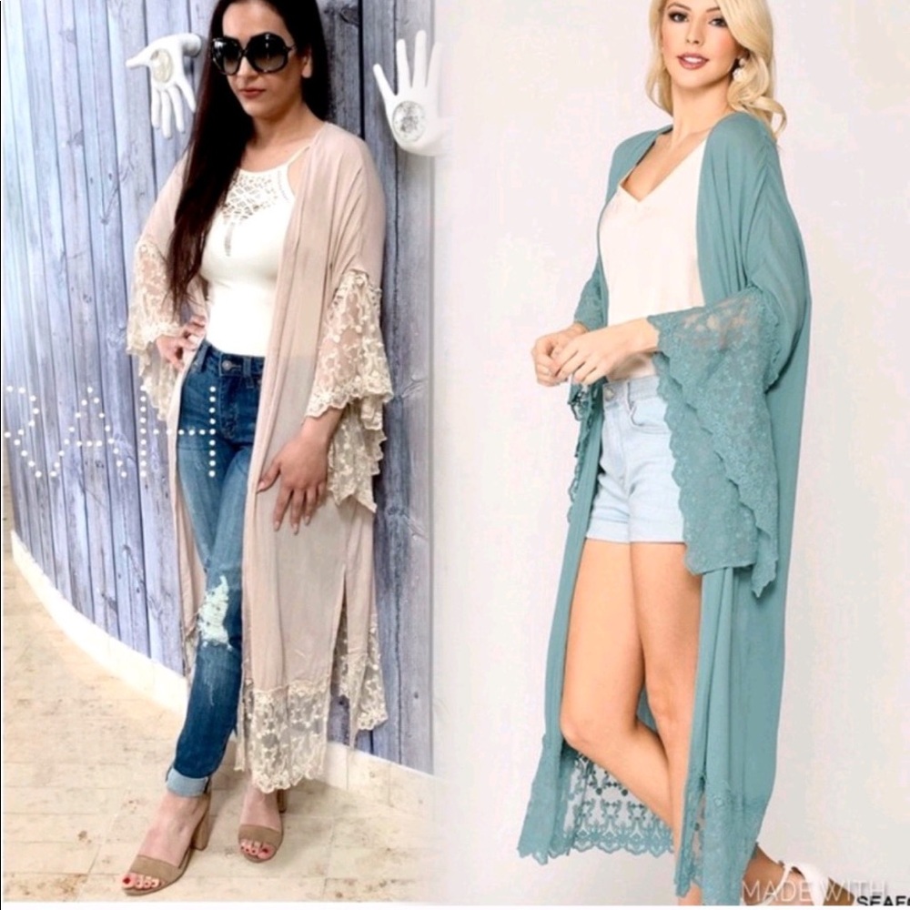 Last M New Cozy Boho Lace Trim Kimono Duster - Picture 3 of 12